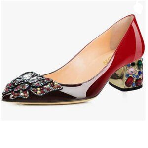 YDN Black/Red Pointed Toe Bow Colorful Rhinestone Block Low Heel Butterfly Pumps